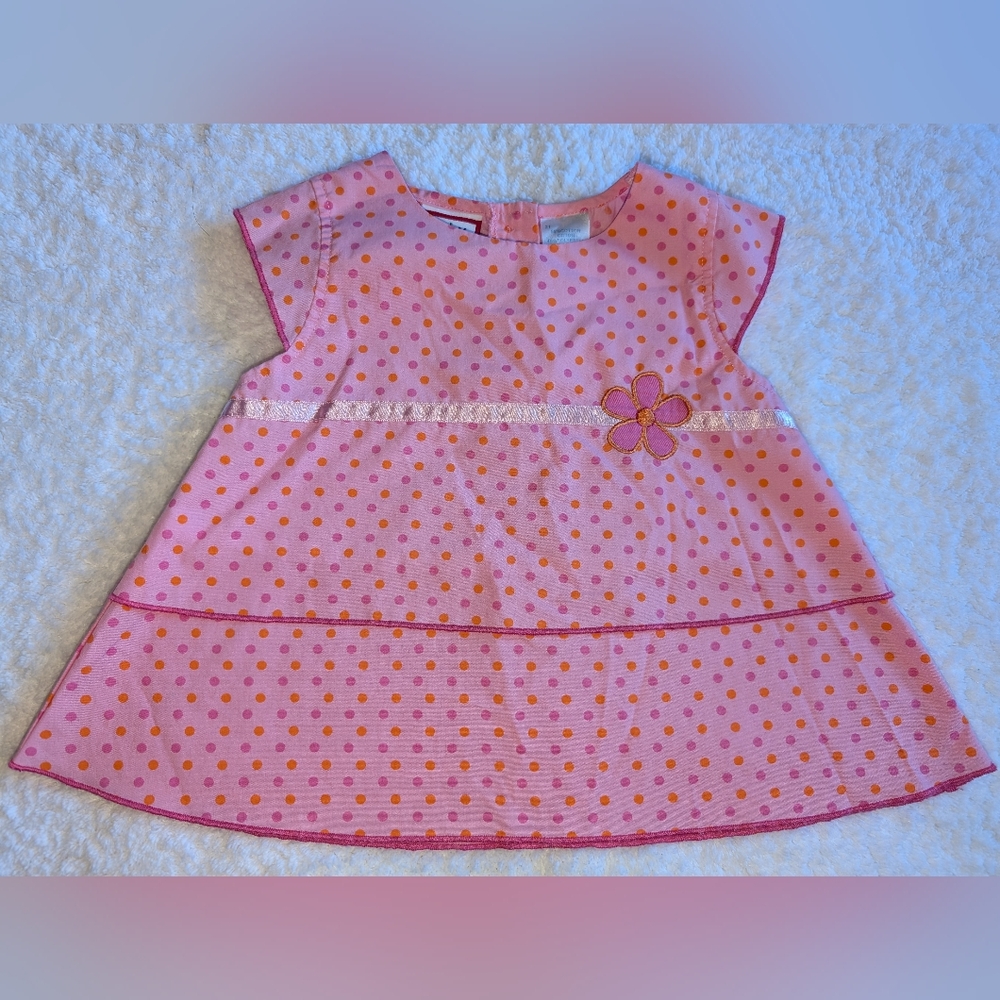🩷 Baby Togs Pink Polka Dot Blouse Top W/ Flower Ribbon Piping Accents 24 Months